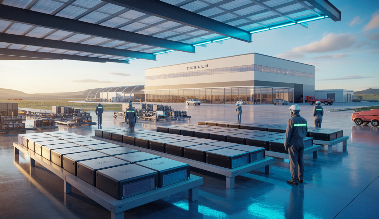 Usine moderne de batteries Lithium Fer Phosphate Tesla en Amérique du Nord avec équipements industriels et panneaux solaires en arrière-plan