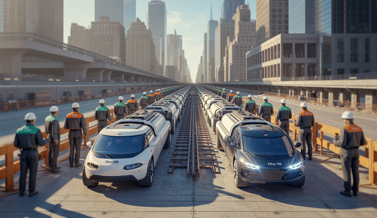 Un tunnel moderne en construction rapide avec l'équipement high-tech de The Boring Company d'Elon Musk, dans un environnement urbain futuriste dynamique