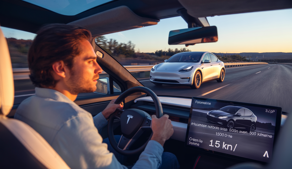 Tesla Model Y électrique blanc en conduite sur autoroute, tableau de bord affichant autonomie et consommation après 5000 miles