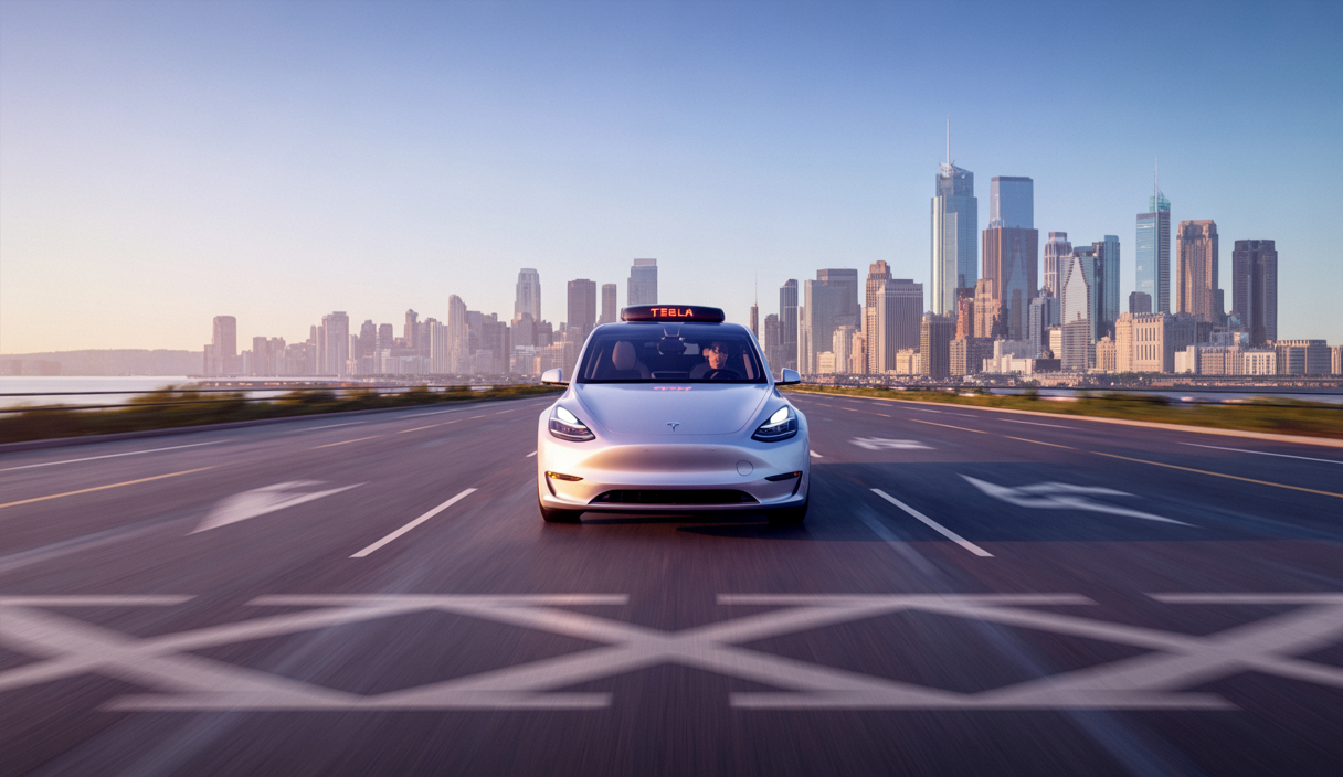 Un robotaxi Tesla Model Y autonome circulant dans une grande ville américaine sous un ciel lumineux au coucher du soleil, avec Elon Musk en arrière-plan évoqué en inset, illustrant l'expansion majeure prévue du réseau robotaxi dans la moitié des États-Unis d'ici fin 2025.