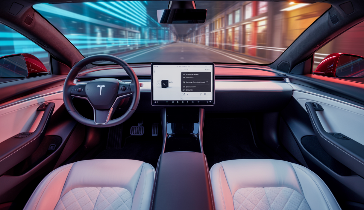 Intérieur de véhicule Tesla moderne avec l'assistant IA conversationnel Grok affiché à l'écran tactile, ambiance futuriste et personnalisée