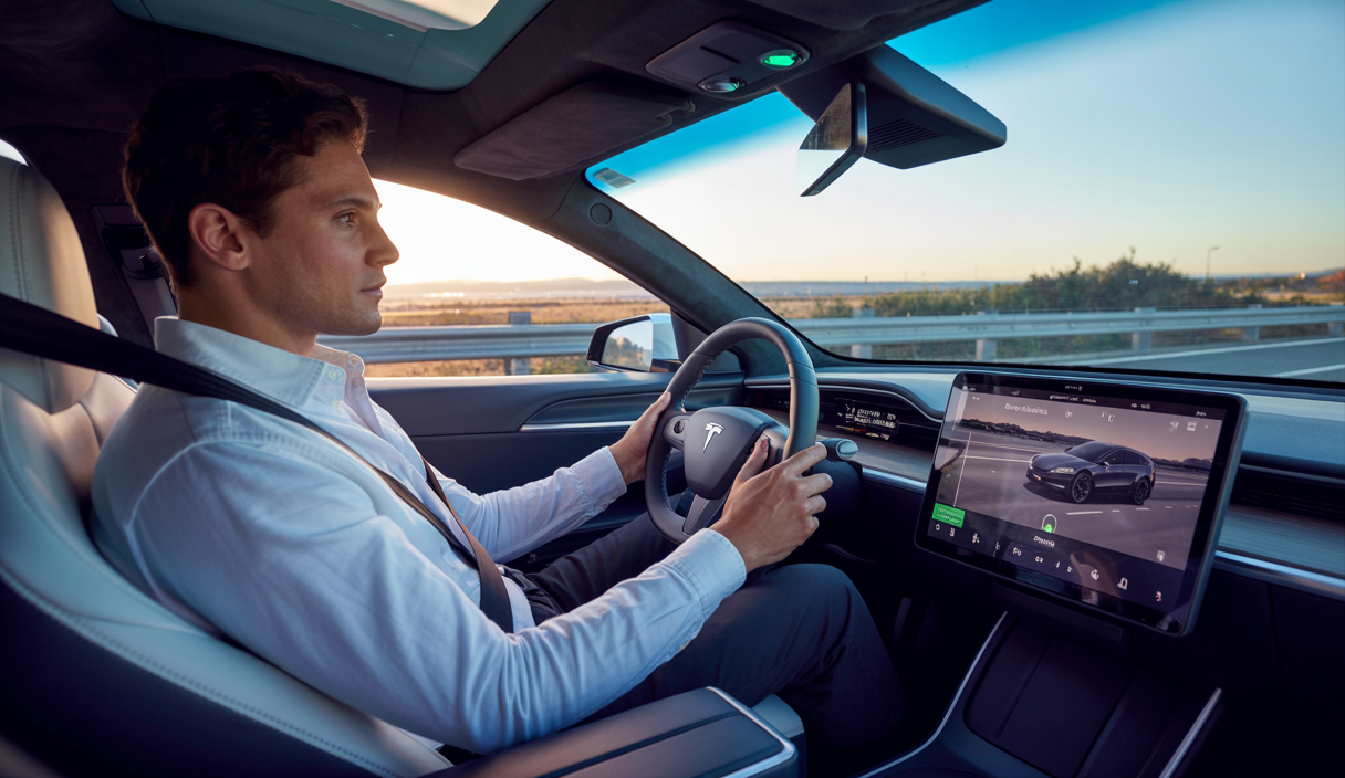 Voiture Tesla en train de conduire de manière autonome sur une autoroute, illustrant la fonction Full Self-Driving supervisée avec un conducteur attentif