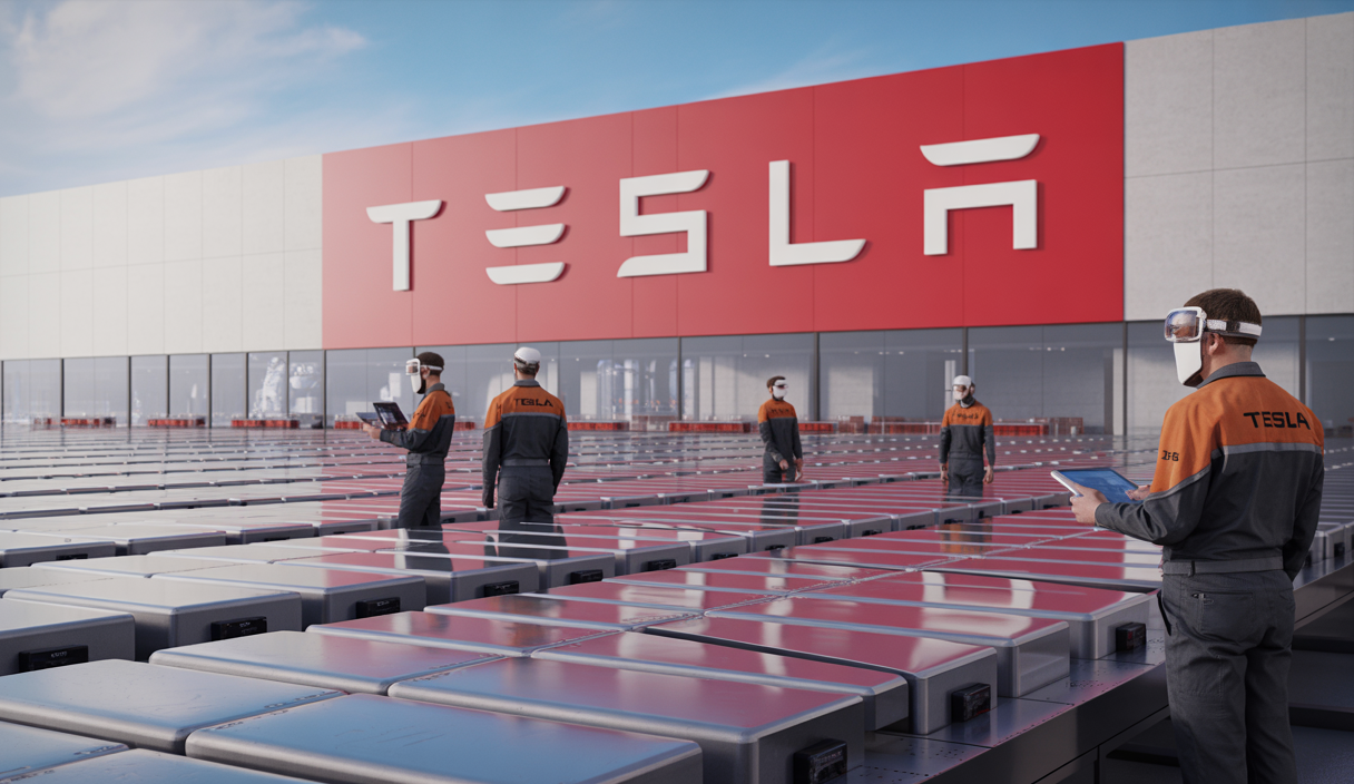 Usine Tesla de batteries LFP au Nevada, montrant des lignes de production modernes, des batteries alignées, des ingénieurs en tenue de travail, et une architecture industrielle futuriste, symbolisant l’autonomie énergétique et la réduction de la dépendance à l’Asie.