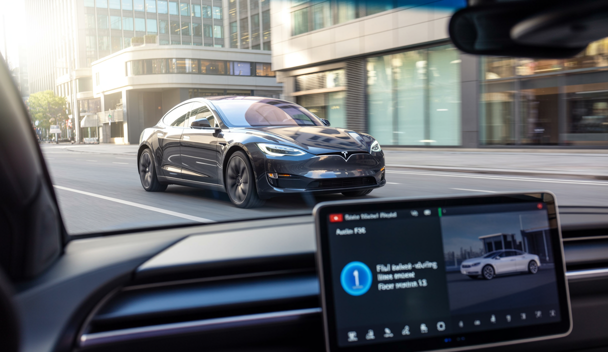 Tesla Model S noir en ville avec affichage de l'interface Full Self-Driving, illustrant la mise à jour majeure intégrant les avancées pour Robotaxi et la conduite autonome améliorée en 2025