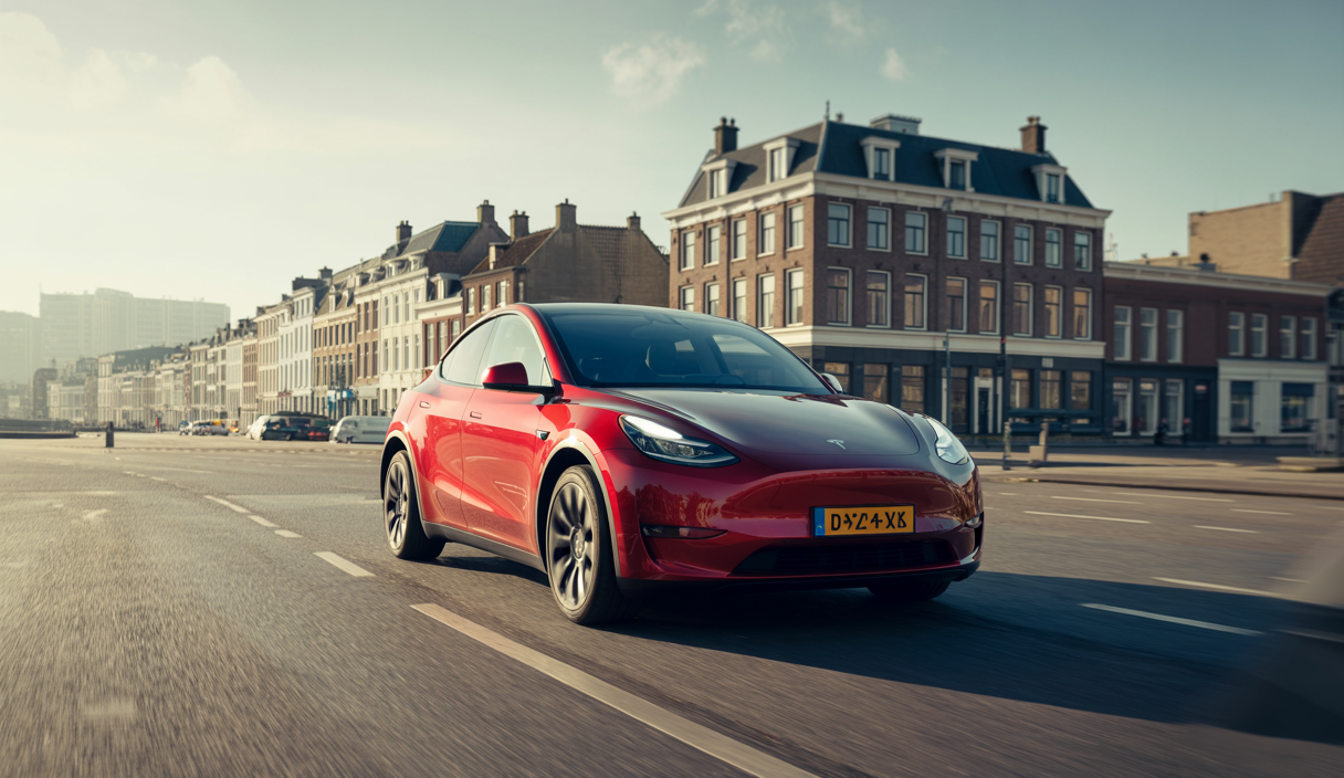 Un Tesla Model Y rouge brillant en ville aux Pays-Bas, symbole de la transition vers la mobilité électrique en Europe