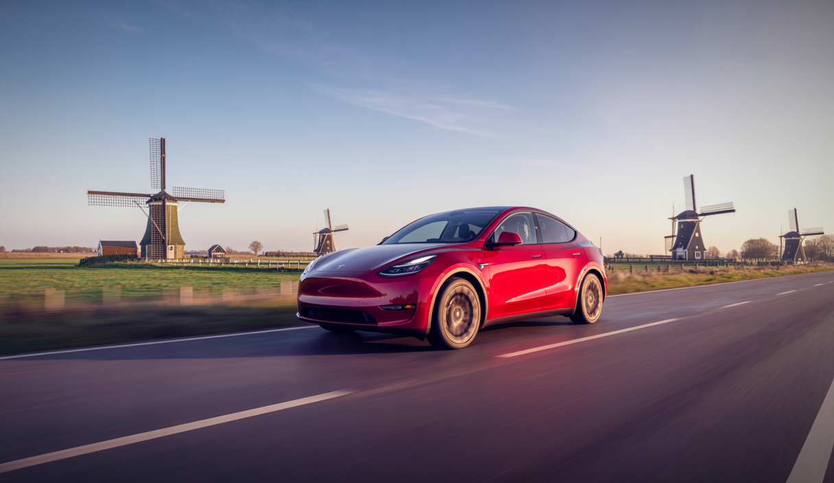 Tesla Model Y électrique rouge vif circulant sur une route néerlandaise moderne avec des moulins à vent en arrière-plan sous un ciel lumineux