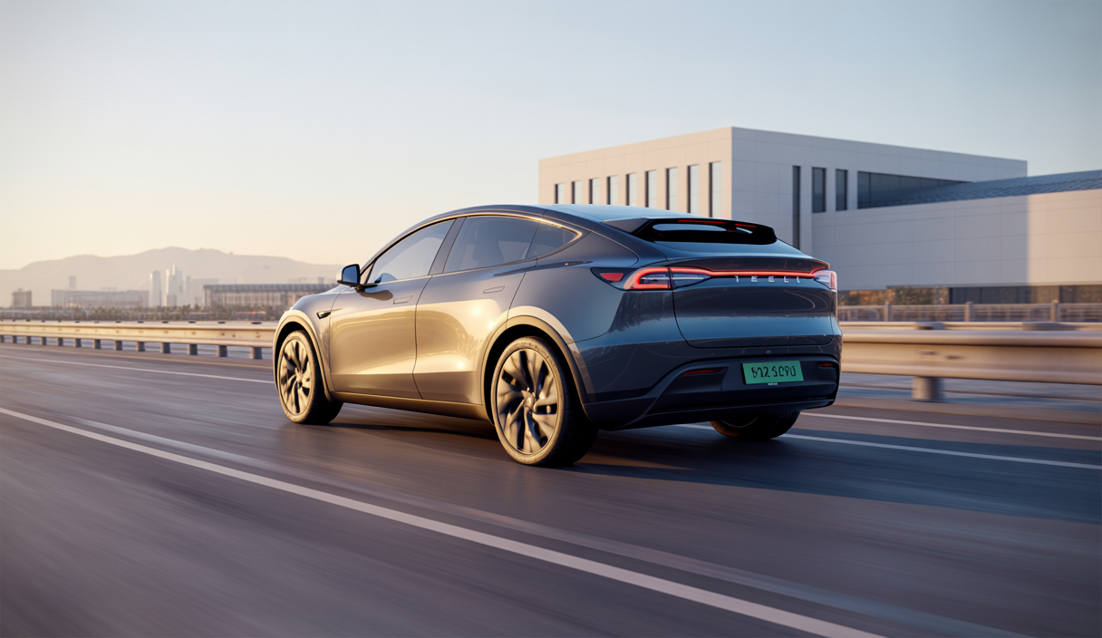Tesla Model YL rallongé à 6 places avec trois rangées, présenté dans un paysage urbain moderne en Chine avec arrière-plan de la Gigafactory de Shanghai au coucher du soleil