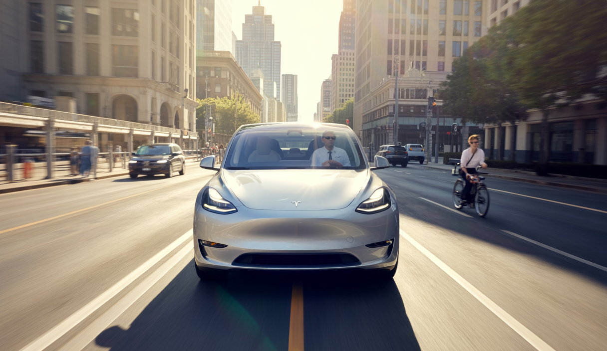 Robotaxi Tesla autonome Model Y circulant dans les rues urbaines d'Austin au Texas en 2025