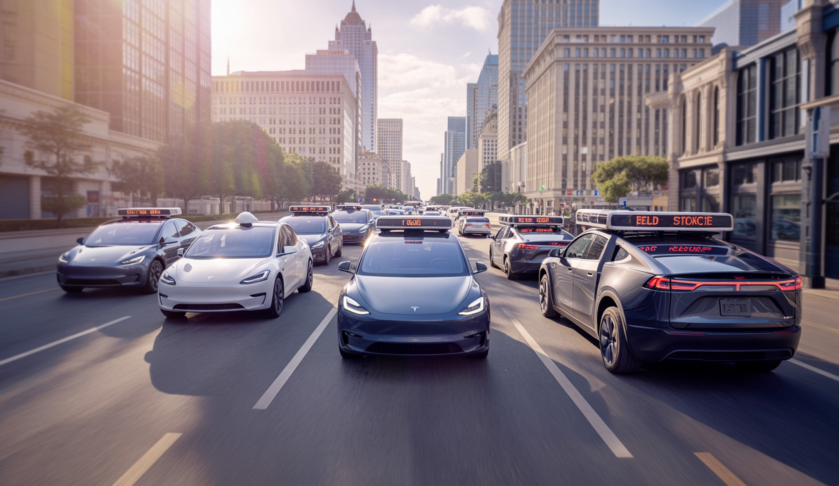 Tesla Robotaxi Model Y et Cybertruck autonomes circulant dans les rues d'Austin, Texas, avec équipements de mapping et validation FSD sur les toits, démontrant un avenir sans conducteur