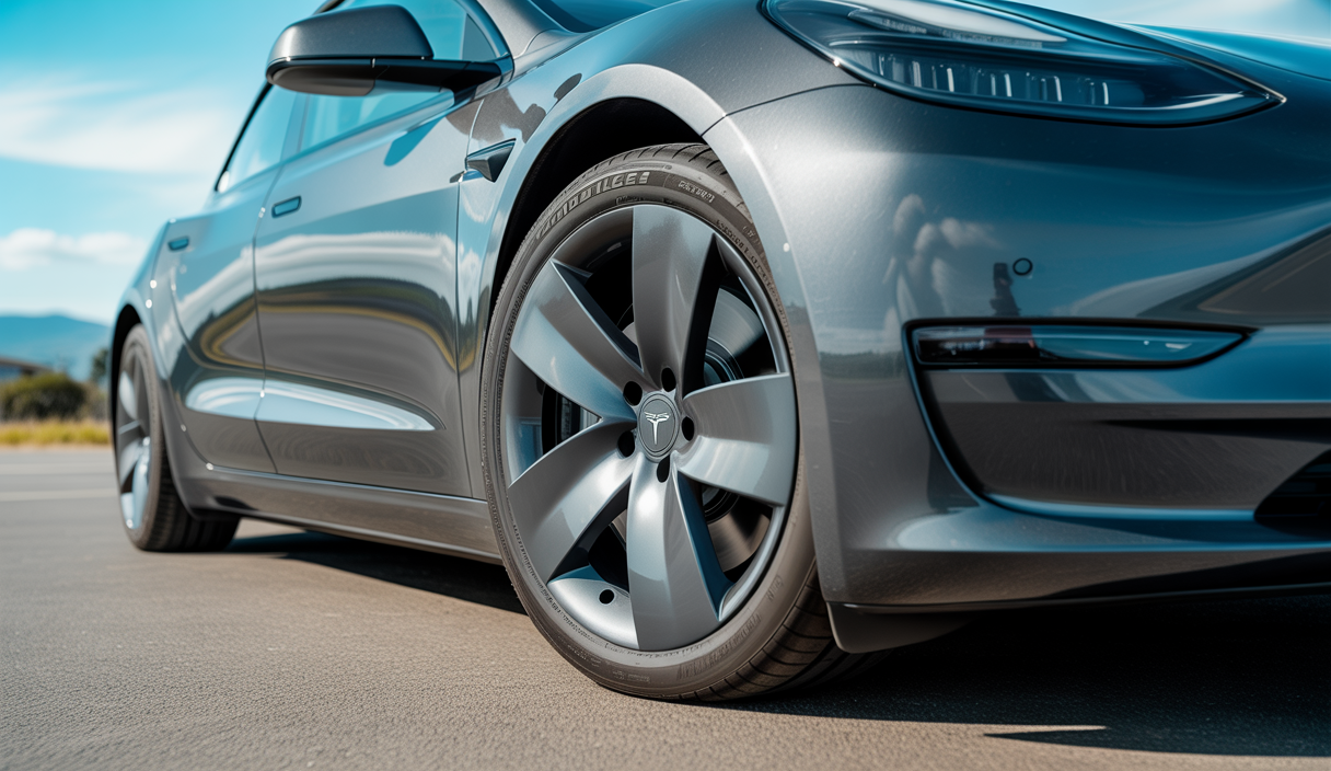 Vue en gros plan d'une roue forgée Tesla en aluminium gris anthracite satin, montée sur une Tesla Model 3 Performance, illustrant légèreté et robustesse dans un contexte automobile moderne.