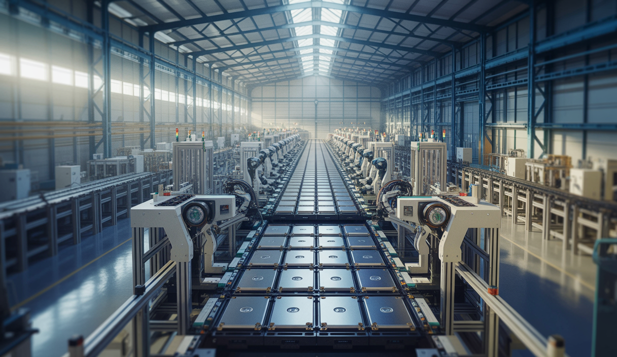 Vue intérieure ultra-détaillée de l'usine de fabrication de batteries LFP Tesla à Sparks, Nevada, avec machines industrielles modernes et ambiance technologique avancée