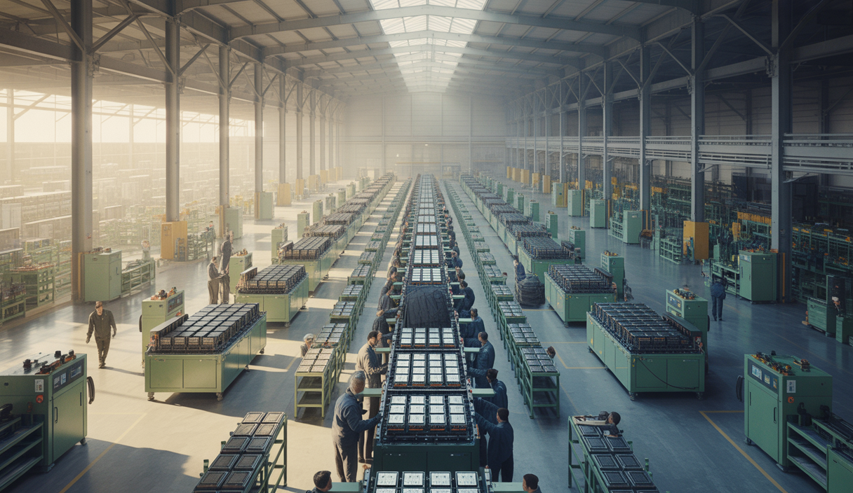 Vue intérieure d'une usine Tesla de batteries lithium-fer-phosphate (LFP) à Nevada avec lignes de production modernes et équipements industriels