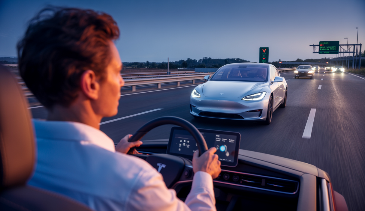 Tesla Model S avec système de conduite autonome supervisée activé roulant sur une autoroute moderne sous un ciel clair, avec affichage du tableau de bord montrant l'interface de conduite autonome