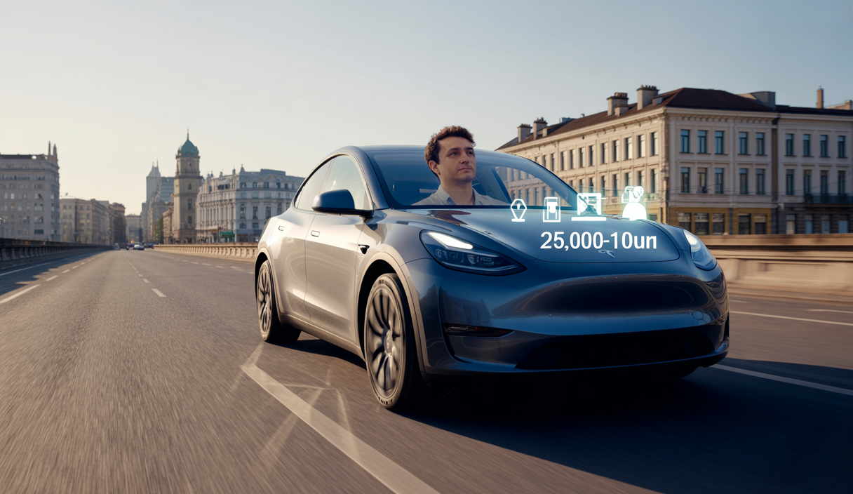 Voiture Tesla Model Y en conduite autonome parcourant une route européenne avec indicateurs de distance et technologie Full Self-Driving active