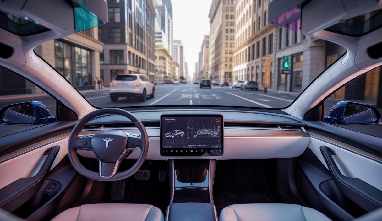Interface futuriste de Tesla Full Self-Driving V14 affichant des graphiques de prédiction et des alertes de sécurité en conduite autonome