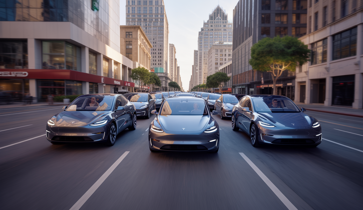 Flotte de robotaxis Tesla Model Y autonomes circulant dans une zone urbaine moderne en 2025