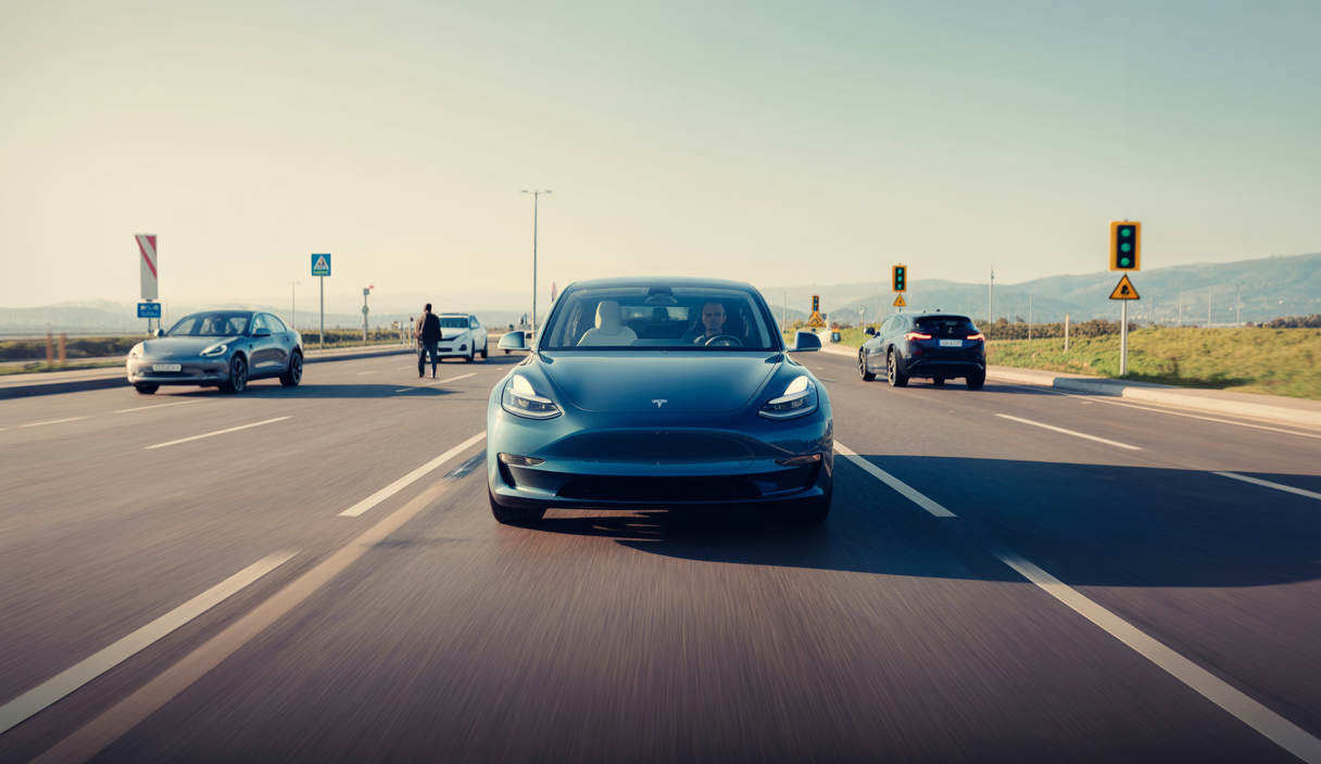 Voiture Tesla en conduite autonome utilisant la mise à jour FSD supervisée avec intelligence artificielle avancée et capteurs caméras dans un environnement urbain moderne
